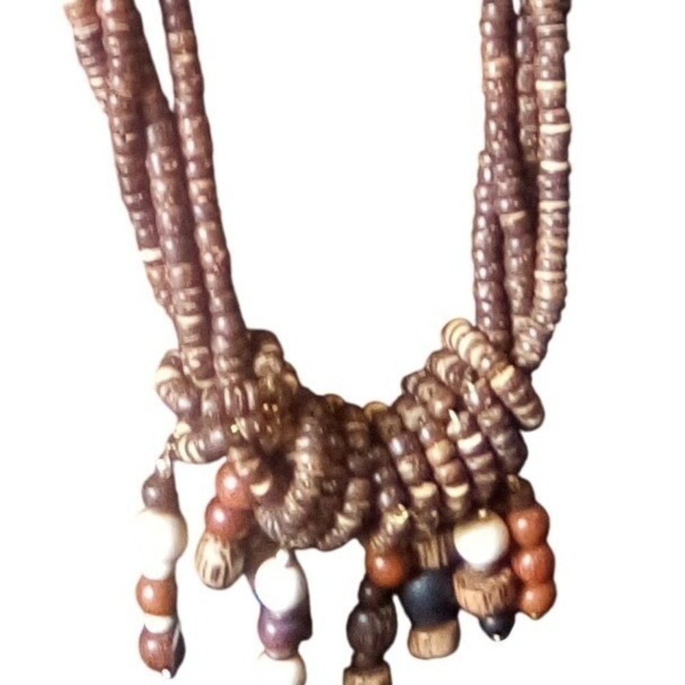 Boho Chic Beaded Necklace & Brooch Set, Wooden, Tribal, Earth Tones - Picture 3 of 6